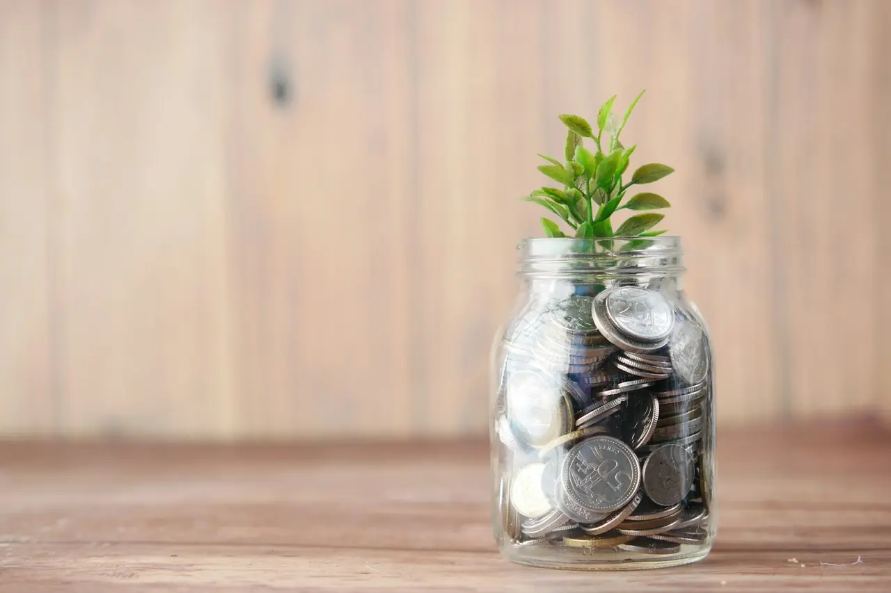 Pote de vidro com moedas e uma pequena planta brotando